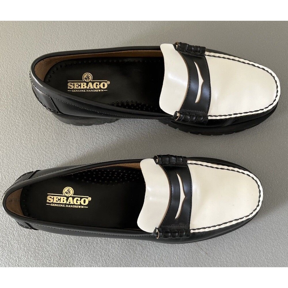 Sebago Classic Dan Leather Penny Loafers Mens Sz 9 Black White Quiet Luxury - Picture 2 of 14
